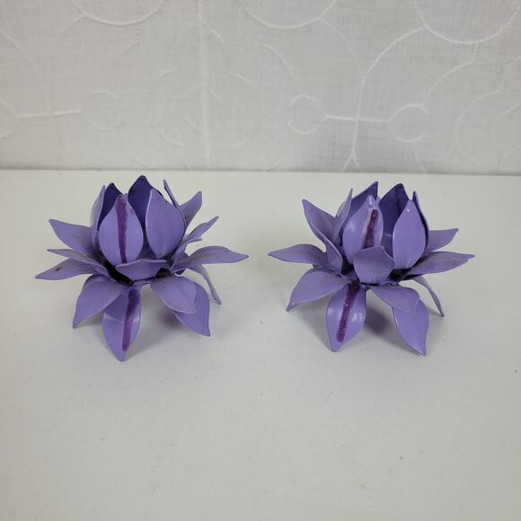 VINTAGE Lotus Flower Metal Purple Handmade Candle Holders Retro Set of 2 - Picture 11 of 13